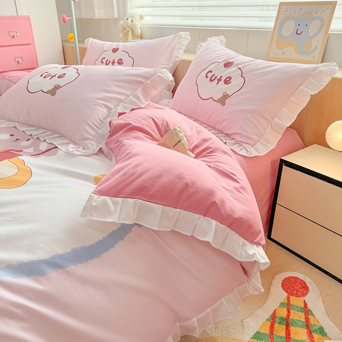 91家纺网 家纺一手货源 找家纺 （总）玉元坊 2025新款卡通纯色全棉纯棉床笠床裙学生床单三四件套基础白花边款