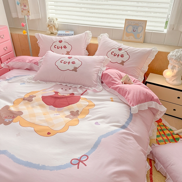 91家纺网 家纺一手货源 找家纺 （总）玉元坊 2025新款卡通纯色全棉纯棉床笠床裙学生床单三四件套基础白花边款