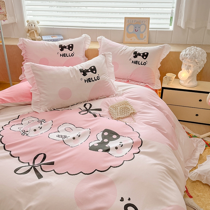 91家纺网 家纺一手货源 找家纺 玉元坊 2025新款卡通纯色全棉纯棉床笠床裙学生床单三四件套基础白花边款 【白花边款式】小萌兔