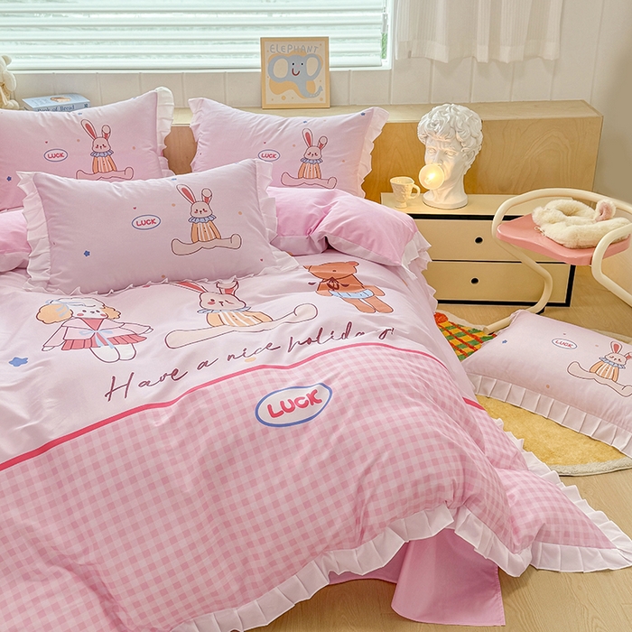 91家纺网 家纺一手货源 找家纺 玉元坊 2025新款卡通纯色全棉纯棉床笠床裙学生床单三四件套基础白花边款 【白花边款式】小熊伙伴