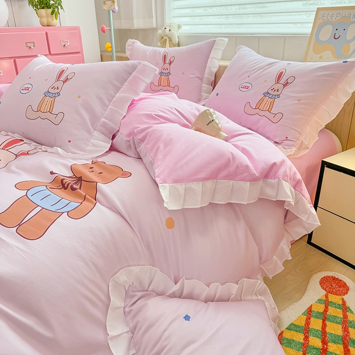 91家纺网 家纺一手货源 找家纺 玉元坊 2025新款卡通纯色全棉纯棉床笠床裙学生床单三四件套基础白花边款 【白花边款式】小熊伙伴