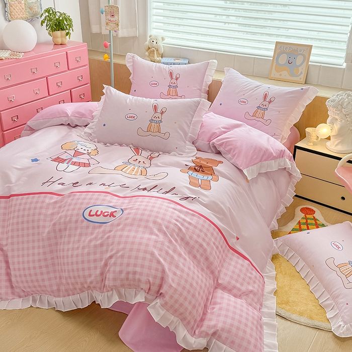 91家纺网 家纺一手货源 找家纺 玉元坊 2025新款卡通纯色全棉纯棉床笠床裙学生床单三四件套基础白花边款 【白花边款式】小熊伙伴