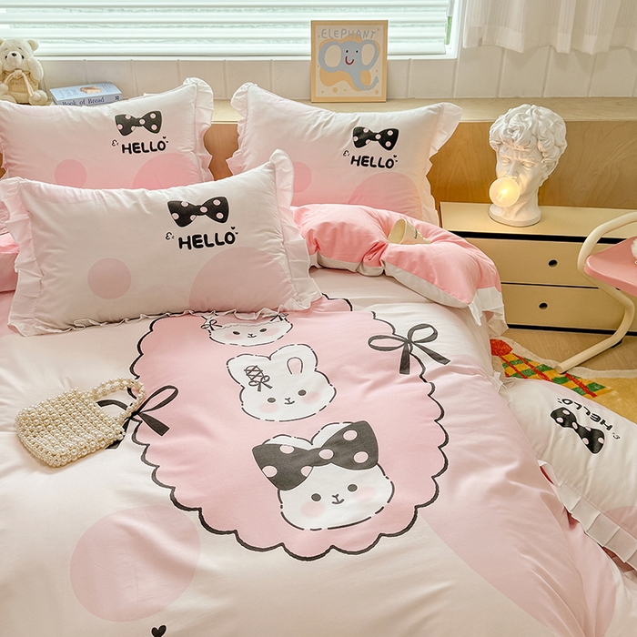 91家纺网 家纺一手货源 找家纺 玉元坊 2025新款卡通纯色全棉纯棉床笠床裙学生床单三四件套基础白花边款 【白花边款式】小萌兔