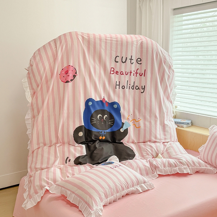 91家纺网 家纺一手货源 找家纺 玉元坊 2025新款卡通纯色全棉纯棉床笠床裙学生床单三四件套基础白花边款 【白花边款式】小黑猫