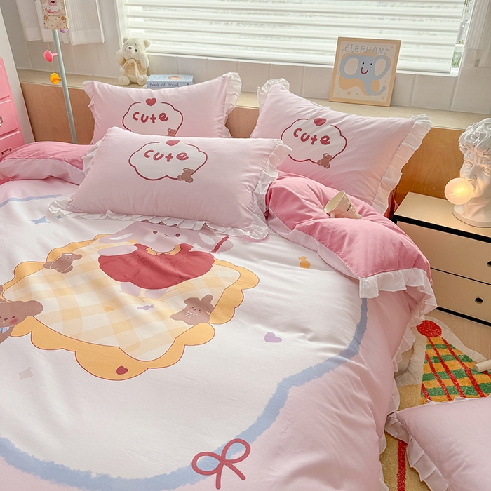 91家纺网 家纺一手货源 找家纺 玉元坊 2025新款卡通纯色全棉纯棉床笠床裙学生床单三四件套基础白花边款 【白花边款式】蛋糕公主