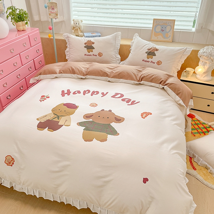 91家纺网 家纺一手货源 找家纺 玉元坊 2025新款卡通纯色全棉纯棉床笠床裙学生床单三四件套基础白花边款 【白花边款式】快乐小熊