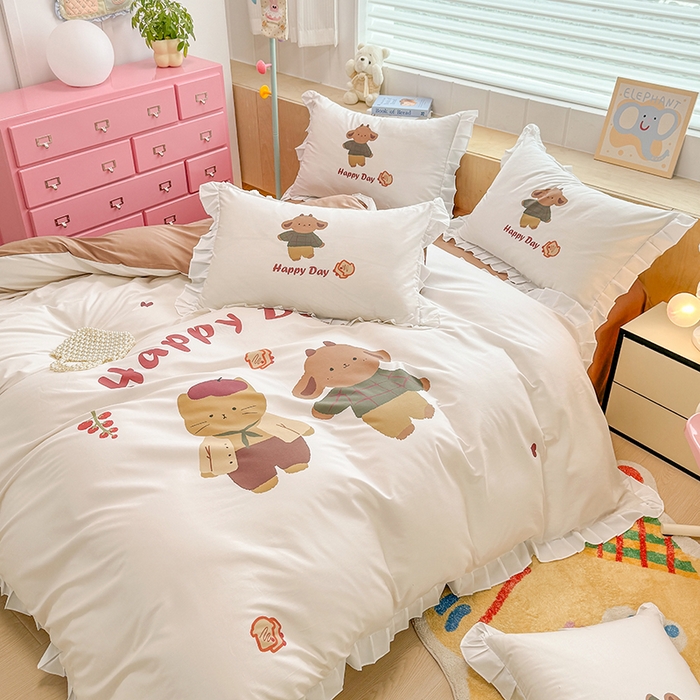 91家纺网 家纺一手货源 找家纺 玉元坊 2025新款卡通纯色全棉纯棉床笠床裙学生床单三四件套基础白花边款 【白花边款式】快乐小熊