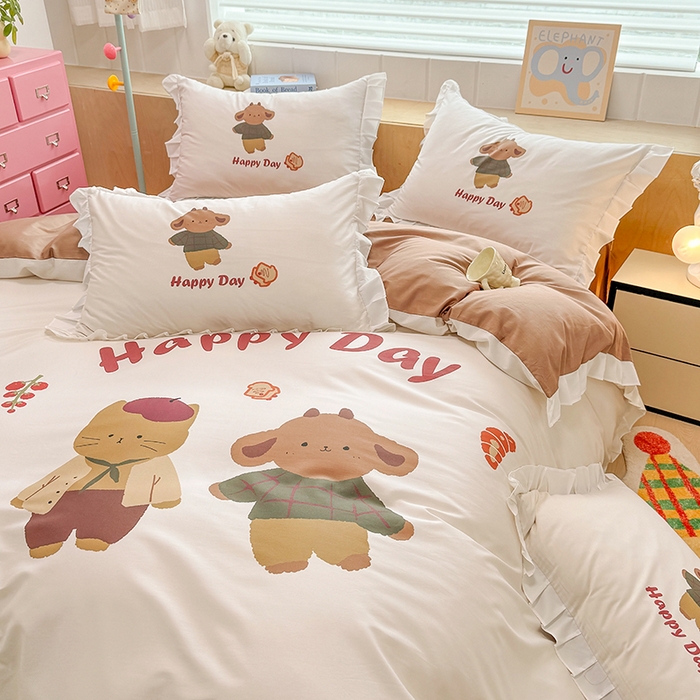 91家纺网 家纺一手货源 找家纺 玉元坊 2025新款卡通纯色全棉纯棉床笠床裙学生床单三四件套基础白花边款 【白花边款式】快乐小熊