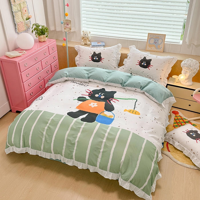 91家纺网 家纺一手货源 找家纺 玉元坊 2025新款卡通纯色全棉纯棉床笠床裙学生床单三四件套基础白花边款 【白花边款式】猫钓鱼