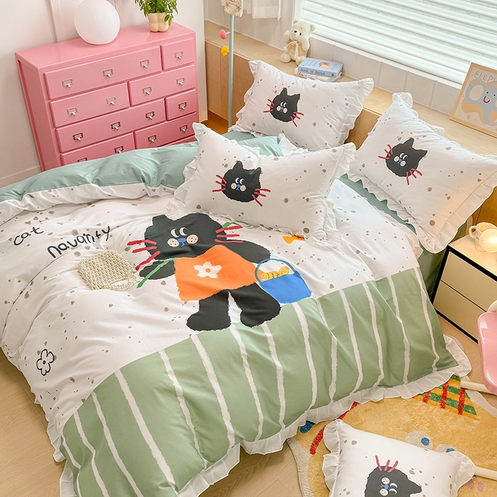 91家纺网 家纺一手货源 找家纺 玉元坊 2025新款卡通纯色全棉纯棉床笠床裙学生床单三四件套基础白花边款 【白花边款式】猫钓鱼