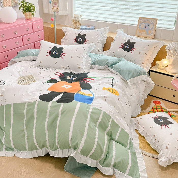 91家纺网 家纺一手货源 找家纺 玉元坊 2025新款卡通纯色全棉纯棉床笠床裙学生床单三四件套基础白花边款 【白花边款式】猫钓鱼