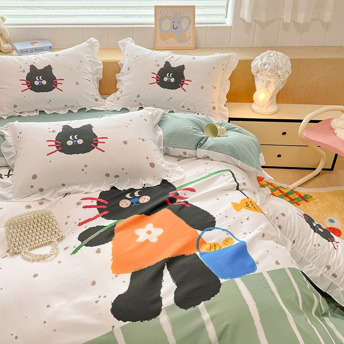91家纺网 家纺一手货源 找家纺 玉元坊 2025新款卡通纯色全棉纯棉床笠床裙学生床单三四件套基础白花边款 【白花边款式】猫钓鱼