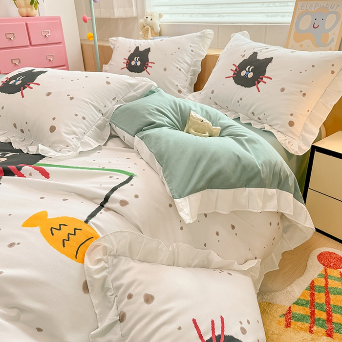 91家纺网 家纺一手货源 找家纺 玉元坊 2025新款卡通纯色全棉纯棉床笠床裙学生床单三四件套基础白花边款 【白花边款式】猫钓鱼