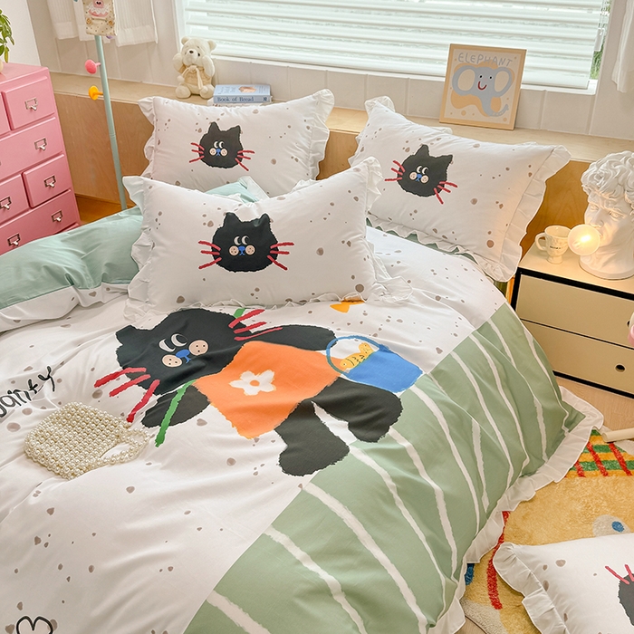 91家纺网 家纺一手货源 找家纺 玉元坊 2025新款卡通纯色全棉纯棉床笠床裙学生床单三四件套基础白花边款 【白花边款式】猫钓鱼