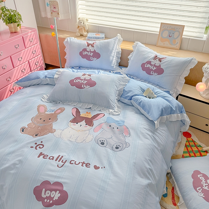 91家纺网 家纺一手货源 找家纺 玉元坊 2025新款卡通纯色全棉纯棉床笠床裙学生床单三四件套基础白花边款 【白花边款式】兔子伙伴