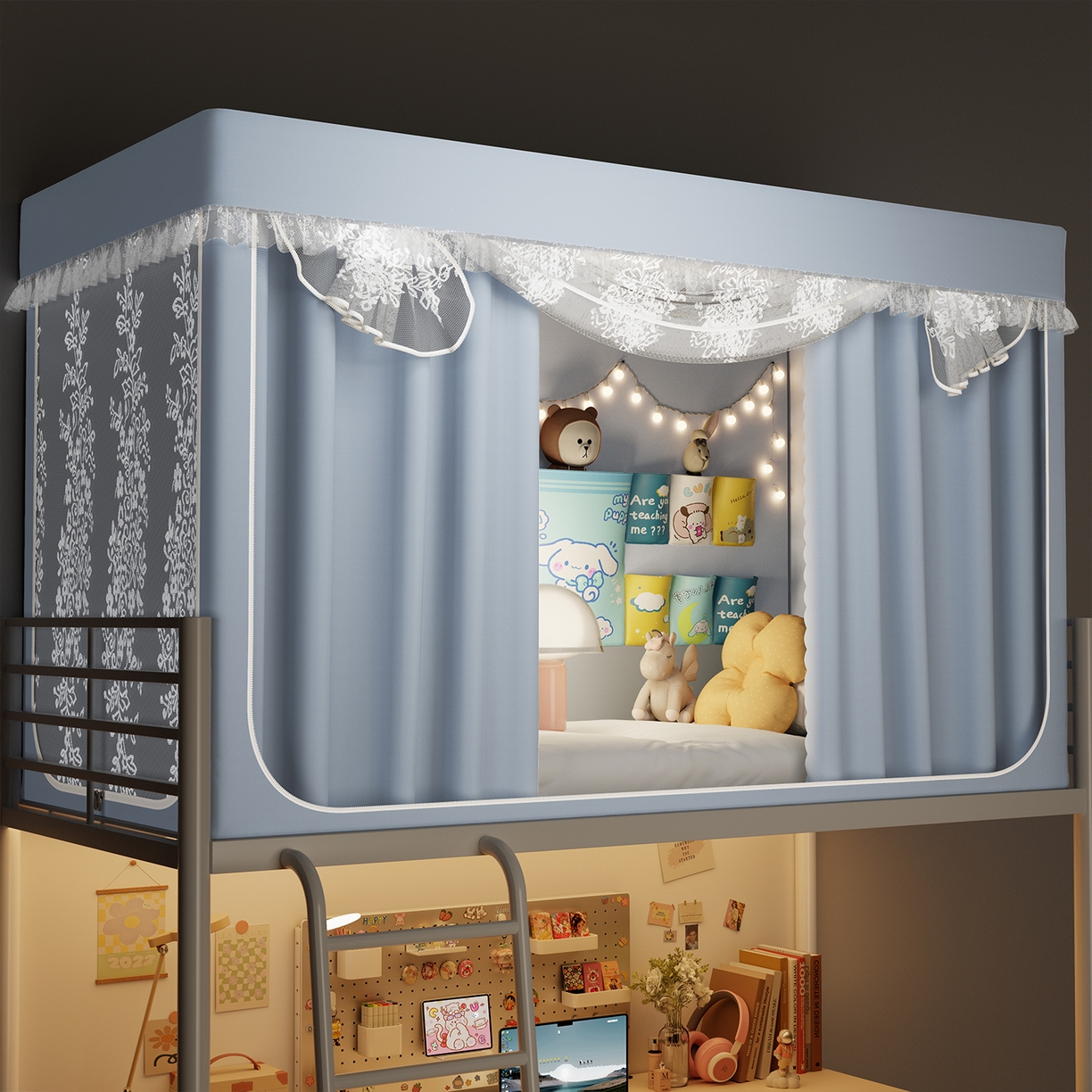 91家纺网 家纺一手货源 找家纺 都市缘蚊帐 2025新款公主风蚊帐学生宿舍一体式床帘全罩式强遮光布上下铺80 90cm 606-baby蓝-玫瑰