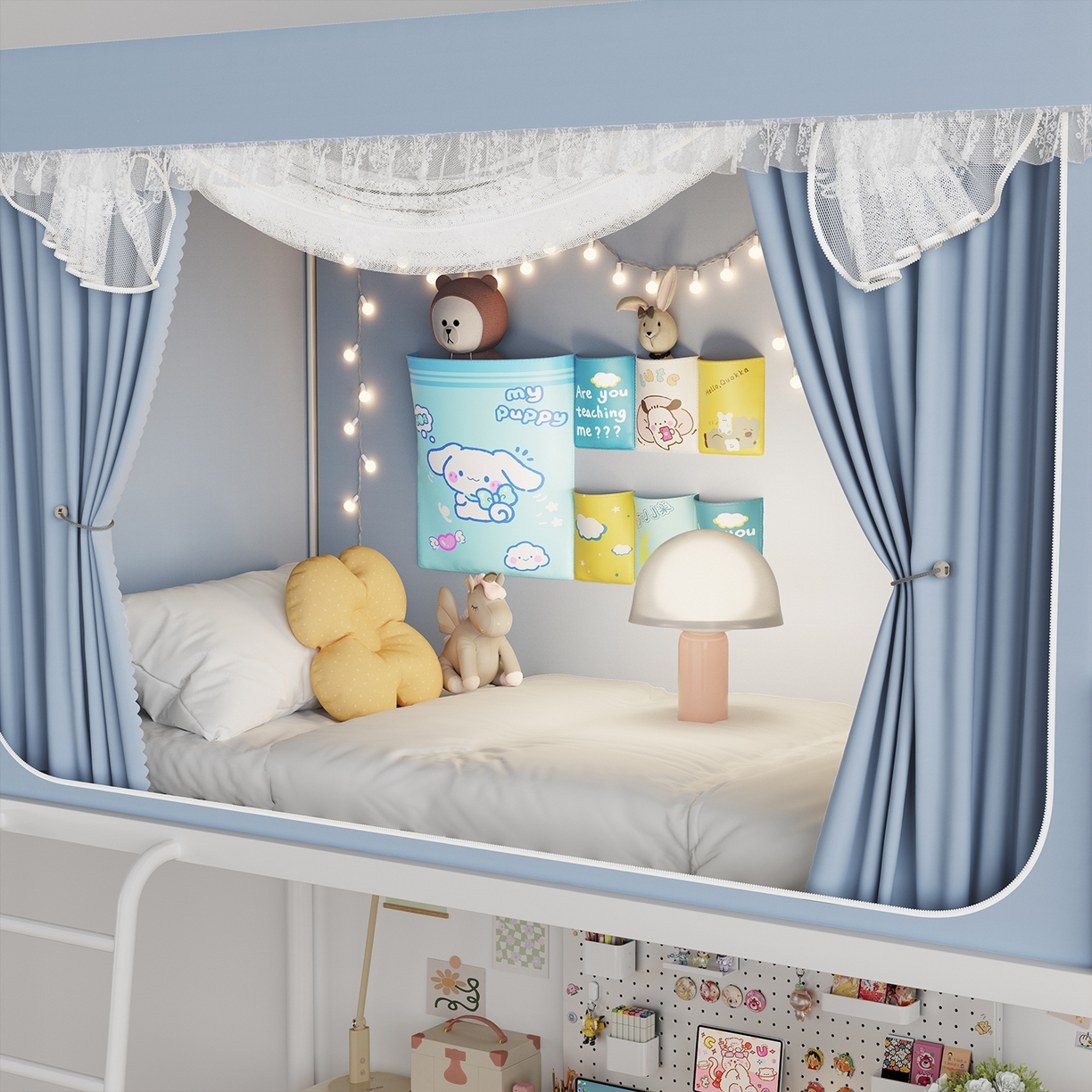 91家纺网 家纺一手货源 找家纺 都市缘蚊帐 2025新款公主风蚊帐学生宿舍一体式床帘全罩式强遮光布上下铺80 90cm 606-baby蓝-玫瑰