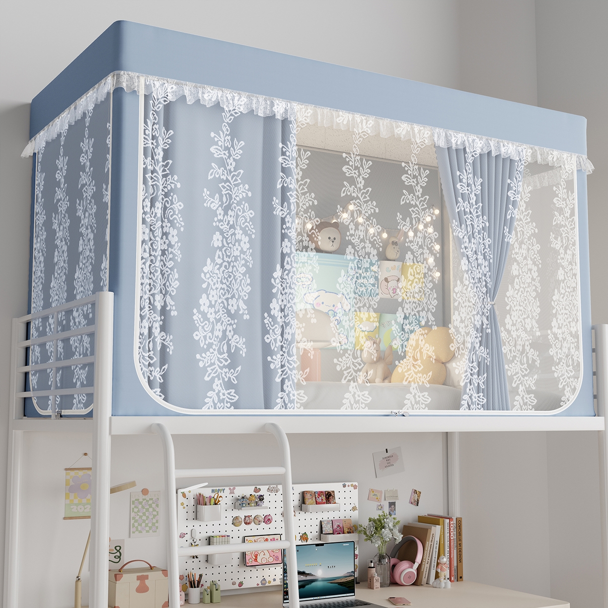 91家纺网 家纺一手货源 找家纺 都市缘蚊帐 2025新款公主风蚊帐学生宿舍一体式床帘全罩式强遮光布上下铺80 90cm 606-baby蓝-玫瑰