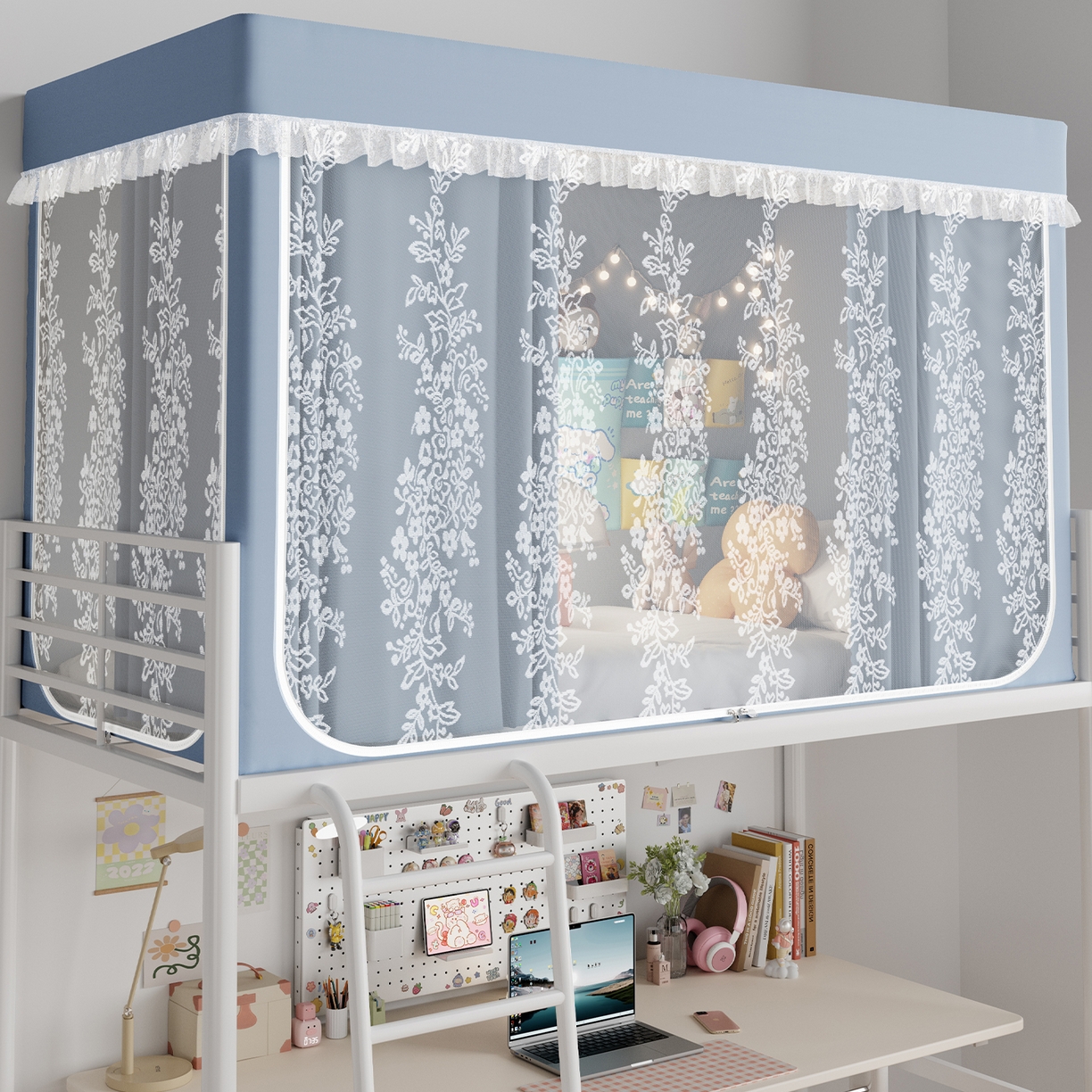 91家纺网 家纺一手货源 找家纺 都市缘蚊帐 2025新款公主风蚊帐学生宿舍一体式床帘全罩式强遮光布上下铺80 90cm 606-baby蓝-玫瑰