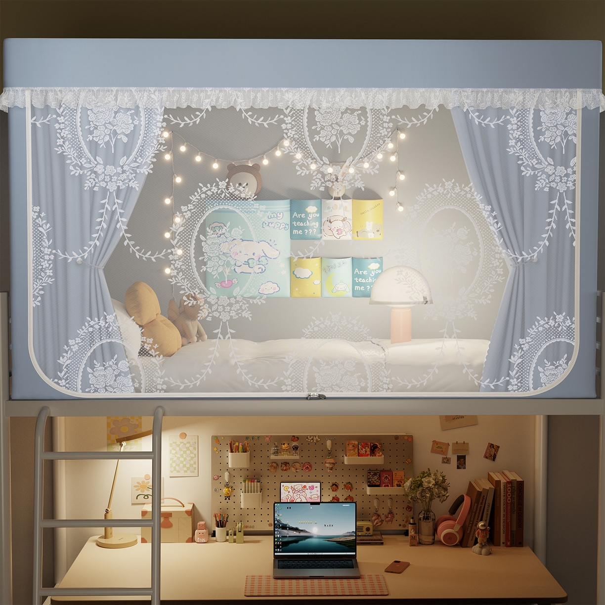 91家纺网 家纺一手货源 找家纺 都市缘蚊帐 2025新款公主风蚊帐学生宿舍一体式床帘全罩式强遮光布上下铺80 90cm 606-baby蓝-薇尔