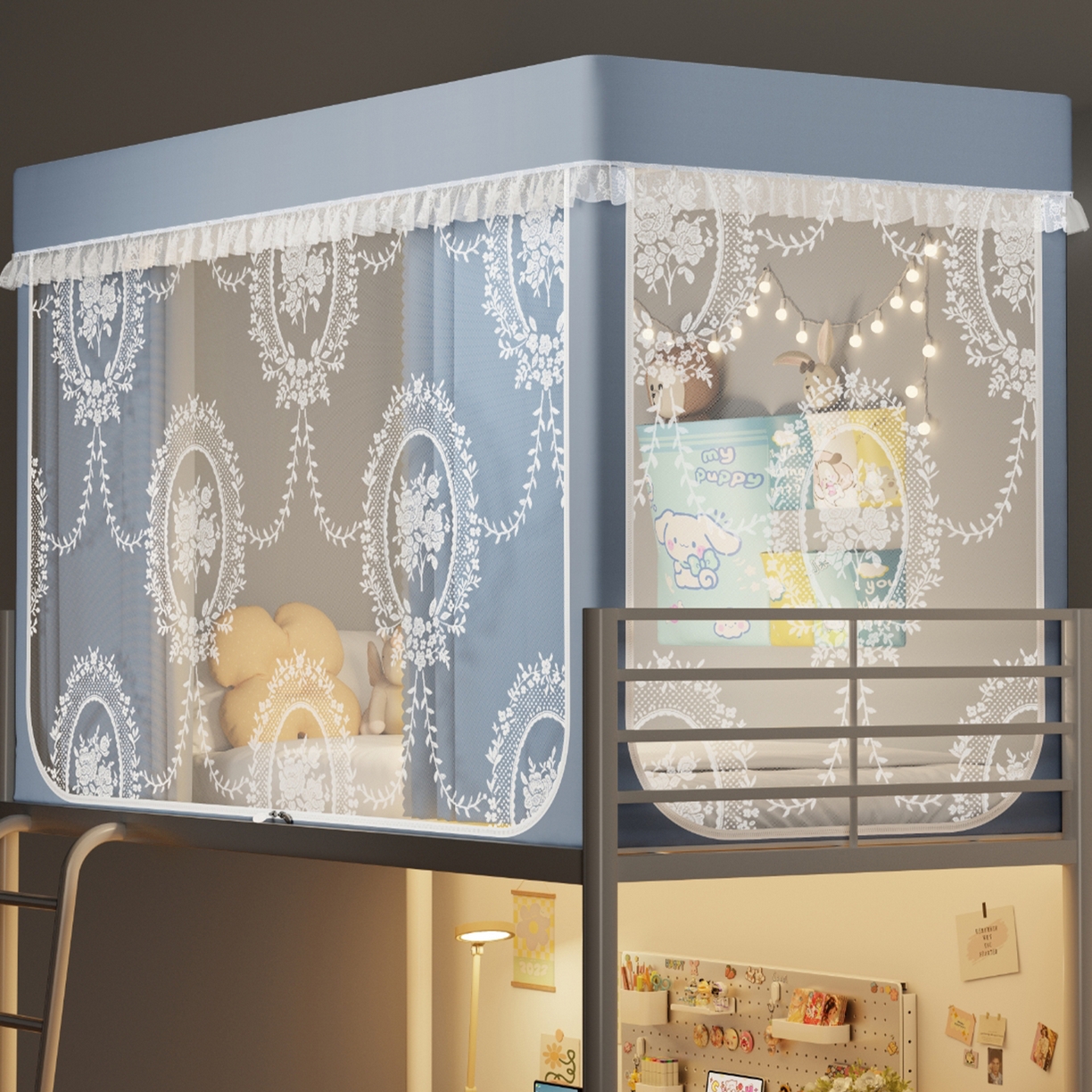 91家纺网 家纺一手货源 找家纺 都市缘蚊帐 2025新款公主风蚊帐学生宿舍一体式床帘全罩式强遮光布上下铺80 90cm 606-baby蓝-薇尔