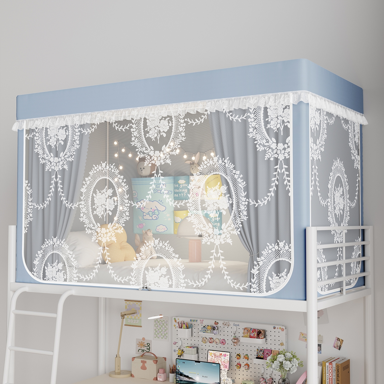 91家纺网 家纺一手货源 找家纺 都市缘蚊帐 2025新款公主风蚊帐学生宿舍一体式床帘全罩式强遮光布上下铺80 90cm 606-baby蓝-薇尔