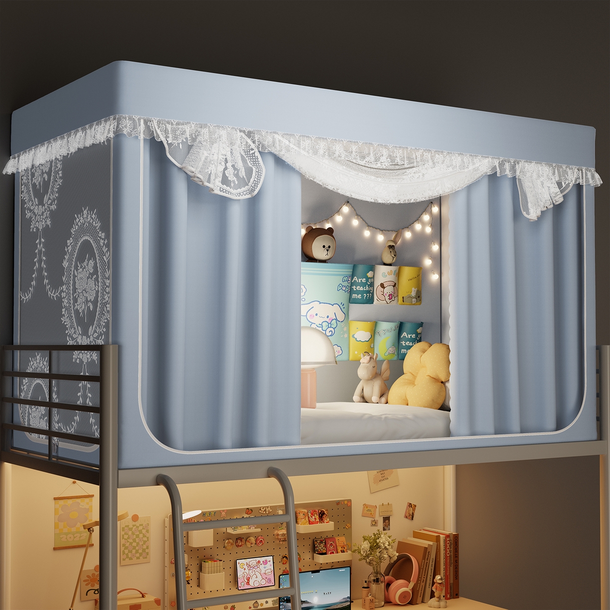 91家纺网 家纺一手货源 找家纺 都市缘蚊帐 2025新款公主风蚊帐学生宿舍一体式床帘全罩式强遮光布上下铺80 90cm 606-baby蓝-薇尔