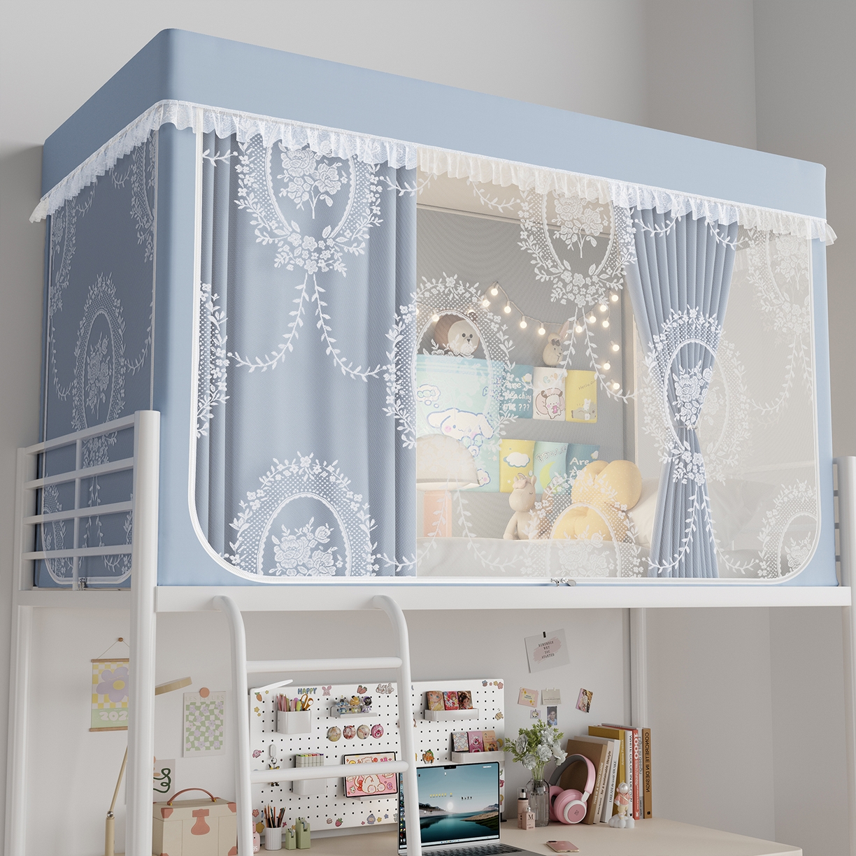 91家纺网 家纺一手货源 找家纺 都市缘蚊帐 2025新款公主风蚊帐学生宿舍一体式床帘全罩式强遮光布上下铺80 90cm 606-baby蓝-薇尔