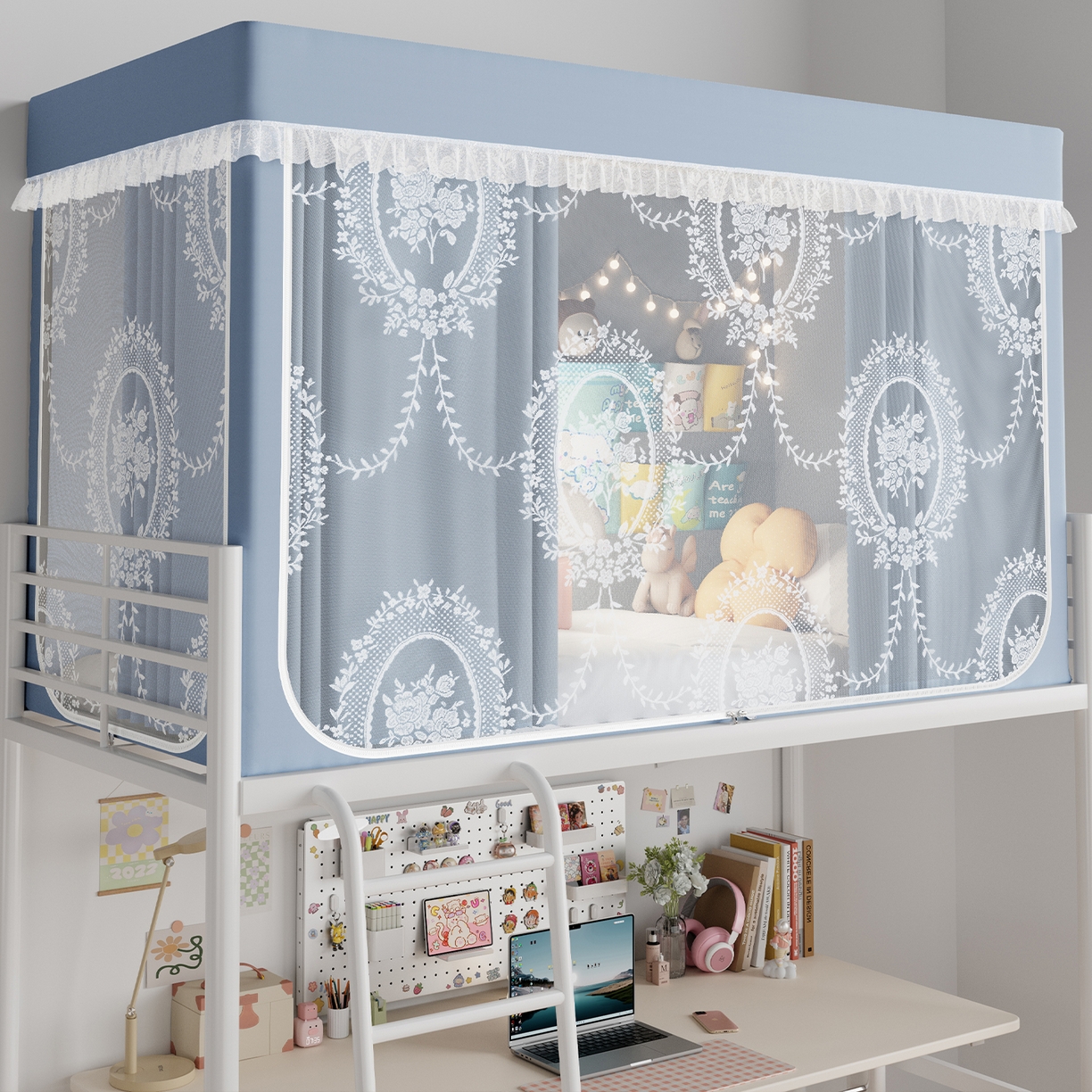 91家纺网 家纺一手货源 找家纺 都市缘蚊帐 2025新款公主风蚊帐学生宿舍一体式床帘全罩式强遮光布上下铺80 90cm 606-baby蓝-薇尔