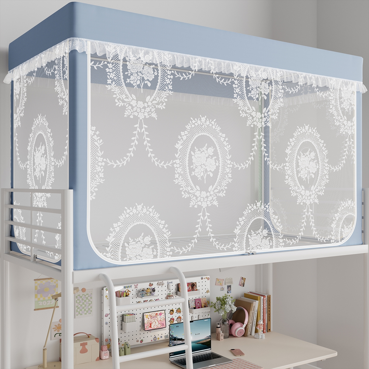 91家纺网 家纺一手货源 找家纺 都市缘蚊帐 2025新款公主风蚊帐学生宿舍一体式床帘全罩式强遮光布上下铺80 90cm 606-baby蓝-薇尔