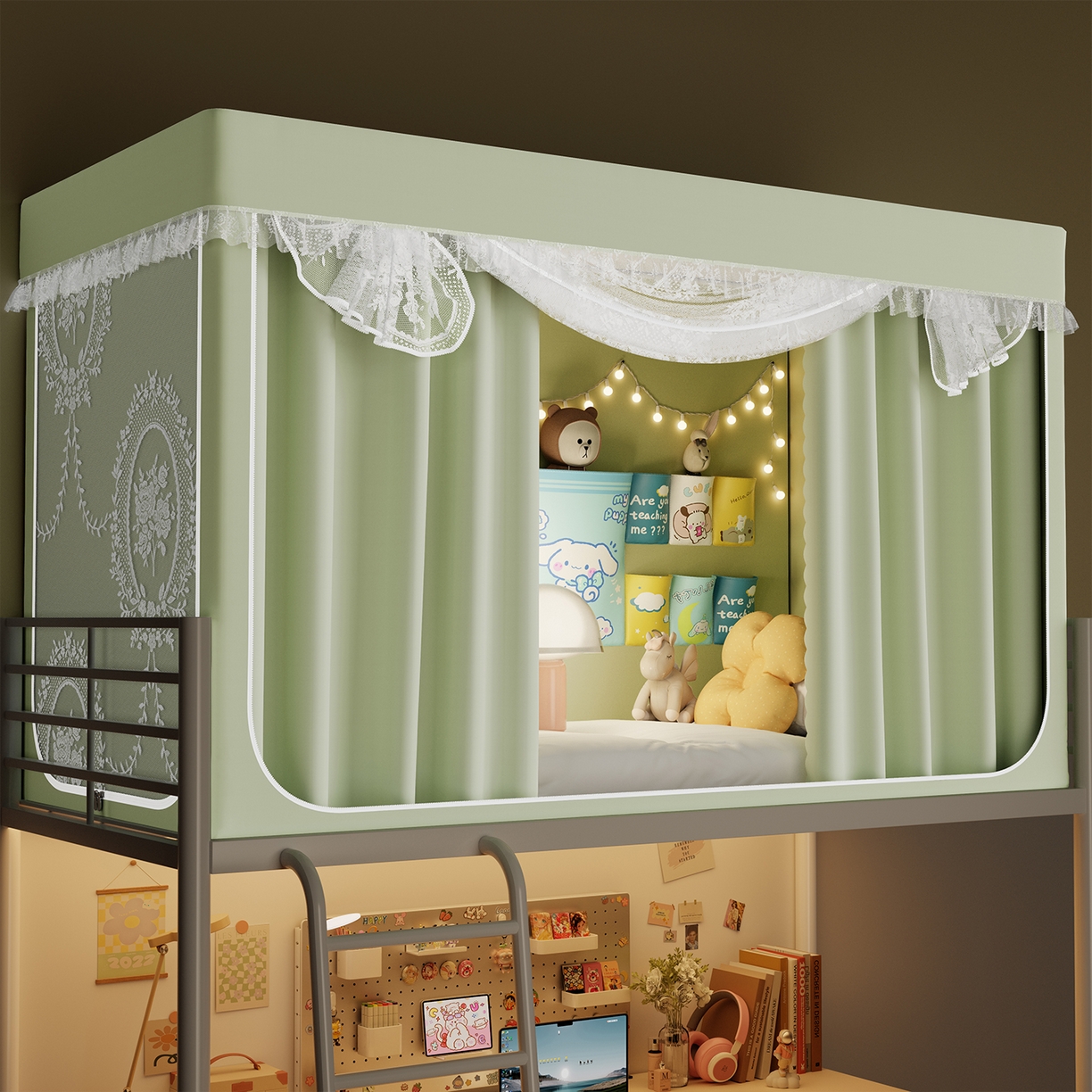 91家纺网 家纺一手货源 找家纺 都市缘蚊帐 2025新款公主风蚊帐学生宿舍一体式床帘全罩式强遮光布上下铺80 90cm 606-抹茶绿-薇尔