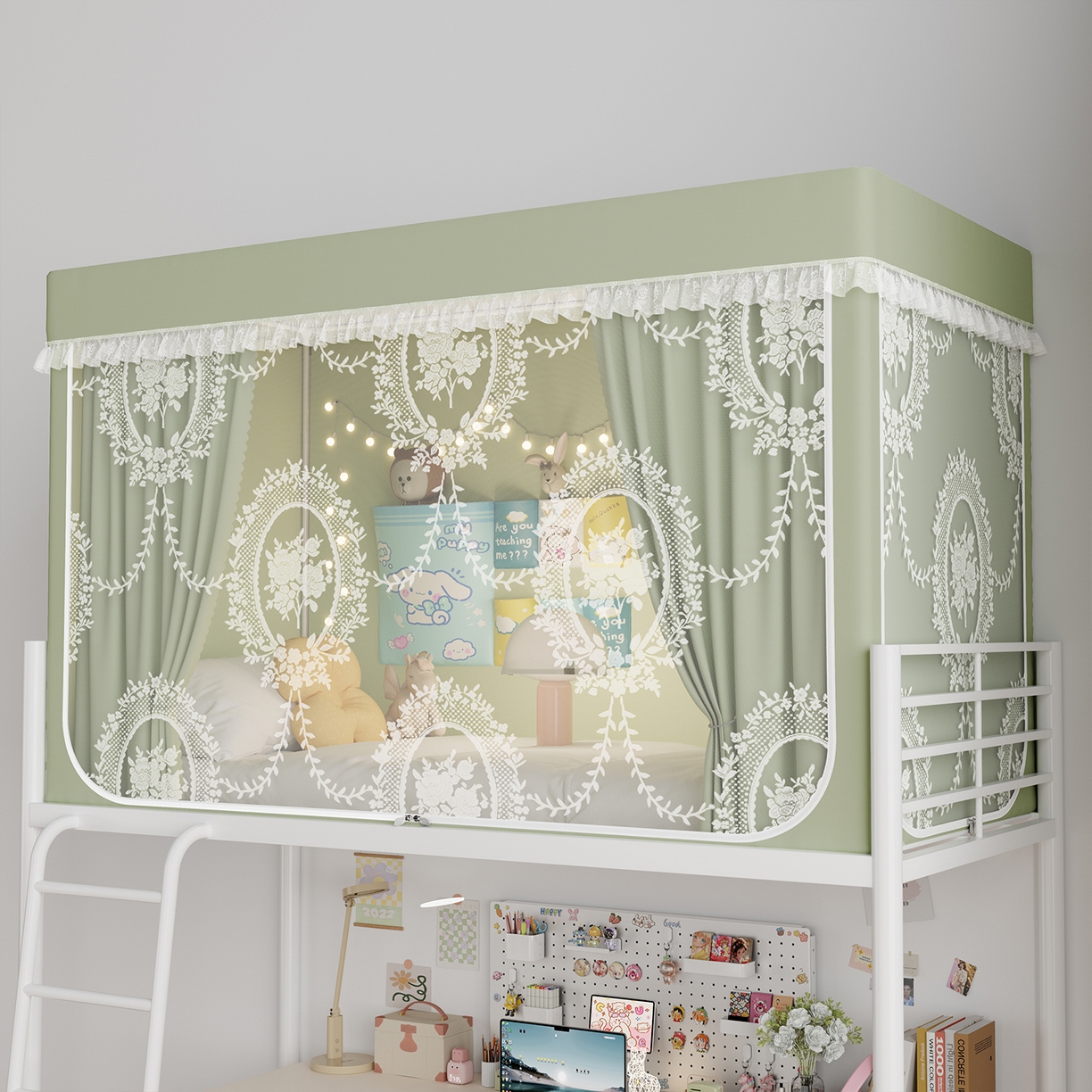 91家纺网 家纺一手货源 找家纺 都市缘蚊帐 2025新款公主风蚊帐学生宿舍一体式床帘全罩式强遮光布上下铺80 90cm 606-抹茶绿-薇尔