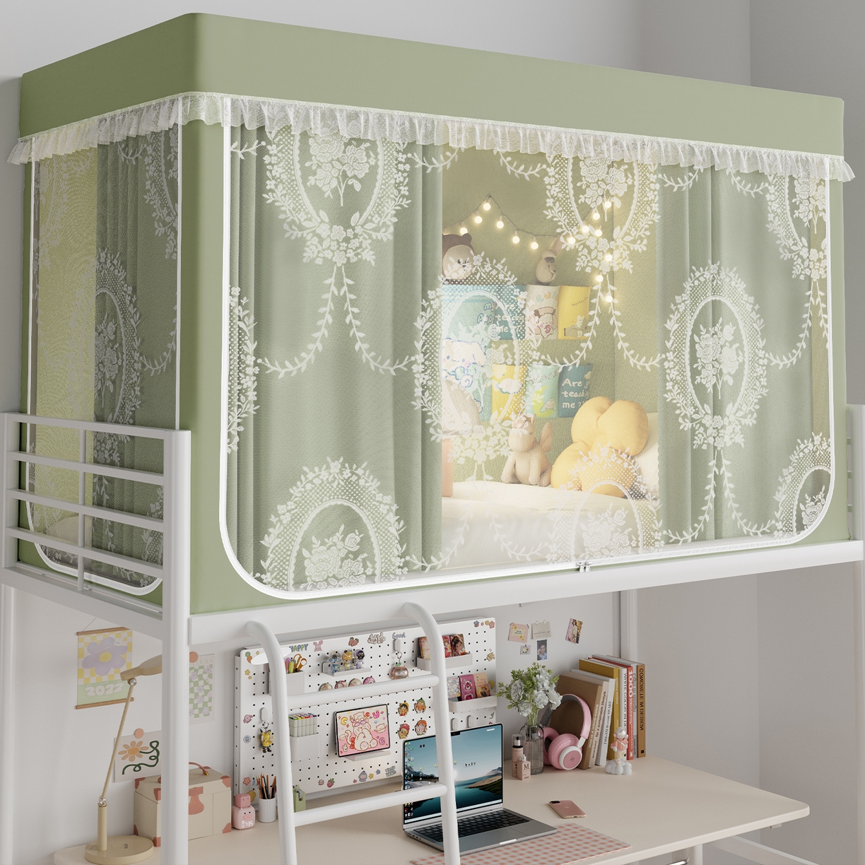 91家纺网 家纺一手货源 找家纺 都市缘蚊帐 2025新款公主风蚊帐学生宿舍一体式床帘全罩式强遮光布上下铺80 90cm 606-抹茶绿-薇尔