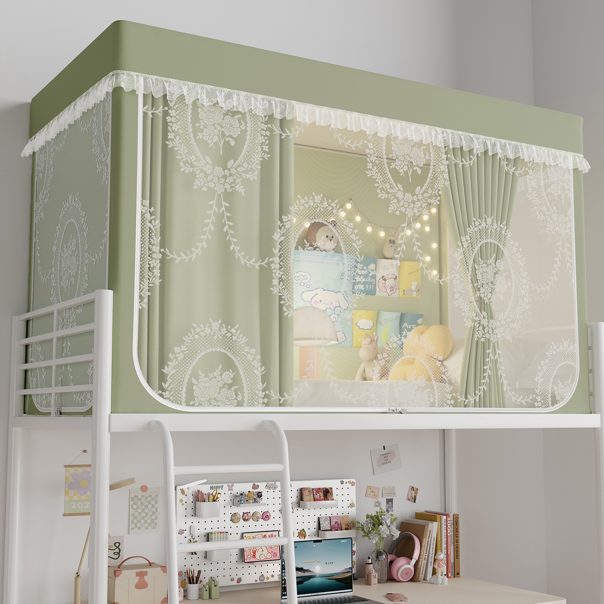 91家纺网 家纺一手货源 找家纺 都市缘蚊帐 2025新款公主风蚊帐学生宿舍一体式床帘全罩式强遮光布上下铺80 90cm 606-抹茶绿-薇尔