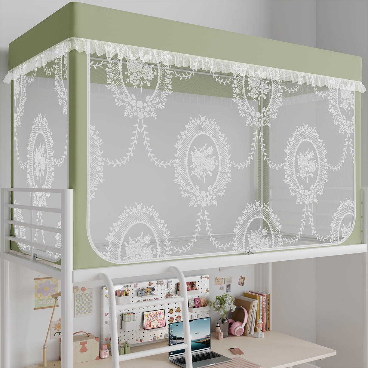 91家纺网 家纺一手货源 找家纺 都市缘蚊帐 2025新款公主风蚊帐学生宿舍一体式床帘全罩式强遮光布上下铺80 90cm 606-抹茶绿-薇尔