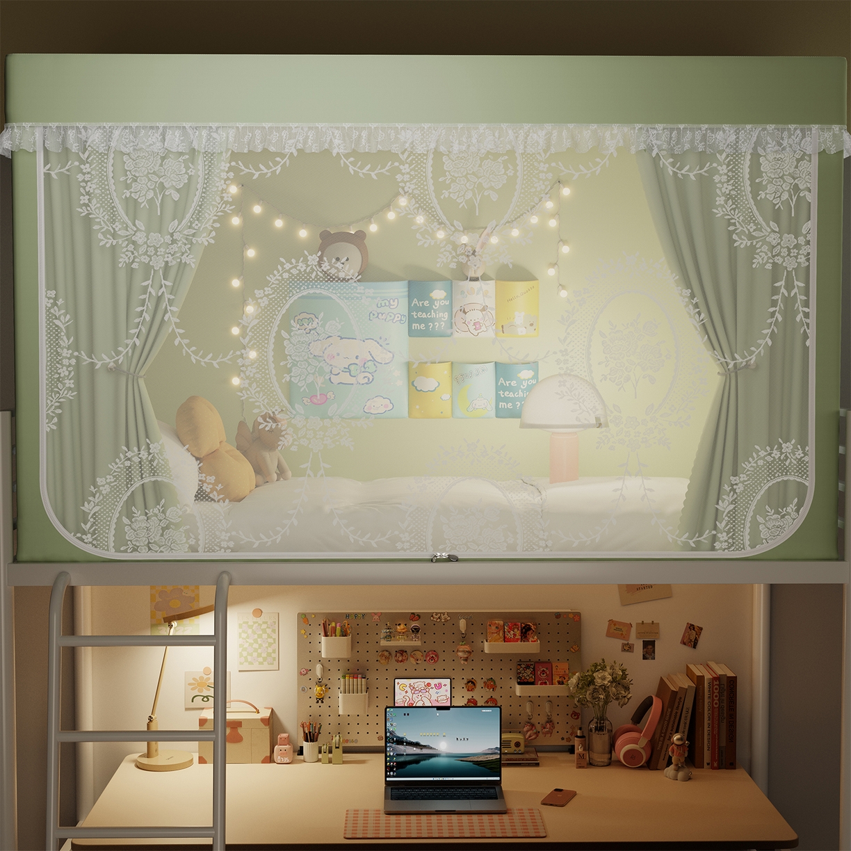 91家纺网 家纺一手货源 找家纺 都市缘蚊帐 2025新款公主风蚊帐学生宿舍一体式床帘全罩式强遮光布上下铺80 90cm 606-抹茶绿-薇尔