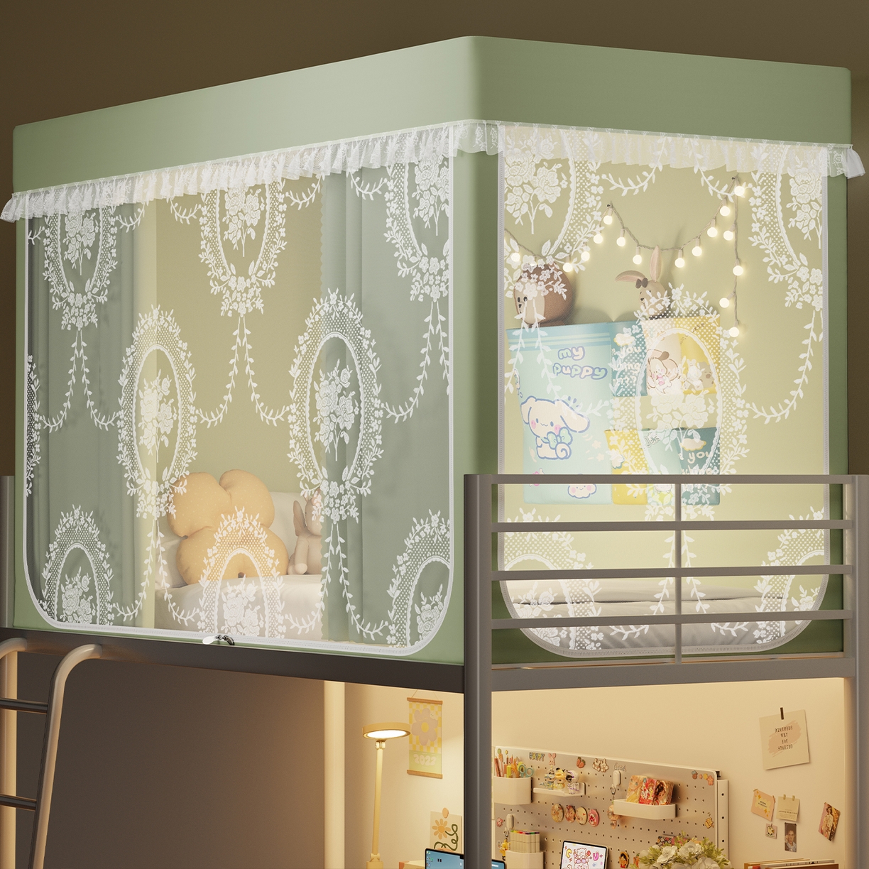 91家纺网 家纺一手货源 找家纺 都市缘蚊帐 2025新款公主风蚊帐学生宿舍一体式床帘全罩式强遮光布上下铺80 90cm 606-抹茶绿-薇尔