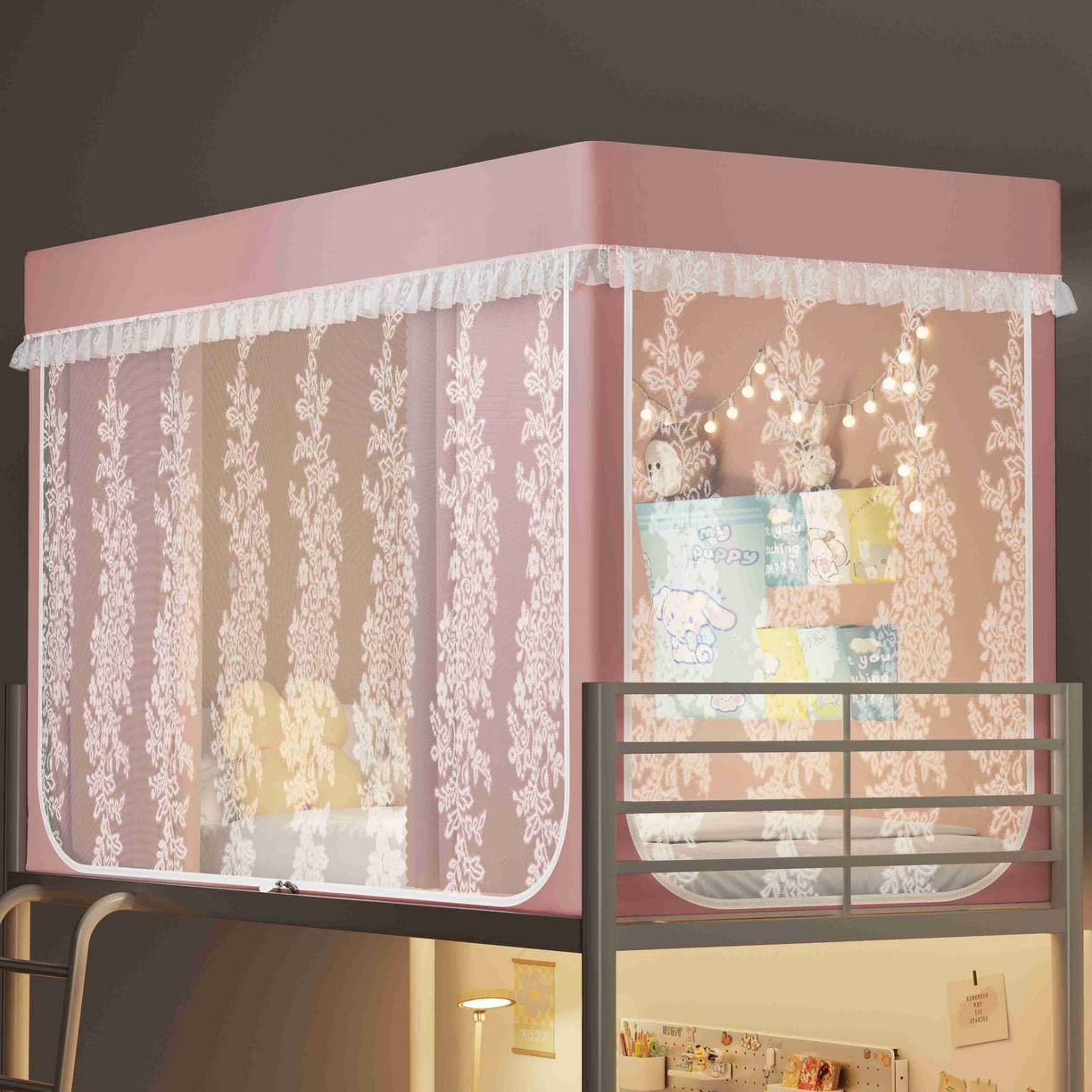 91家纺网 家纺一手货源 找家纺 都市缘蚊帐 2025新款公主风蚊帐学生宿舍一体式床帘全罩式强遮光布上下铺80 90cm 606-桃粉-玫瑰