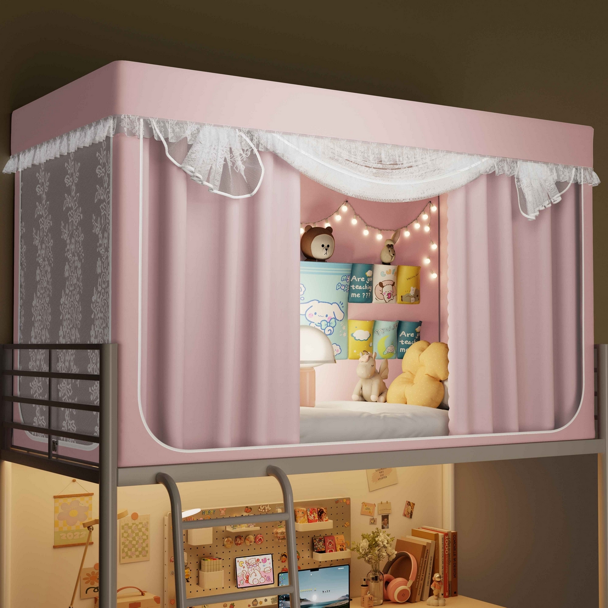 91家纺网 家纺一手货源 找家纺 都市缘蚊帐 2025新款公主风蚊帐学生宿舍一体式床帘全罩式强遮光布上下铺80 90cm 606-桃粉-玫瑰