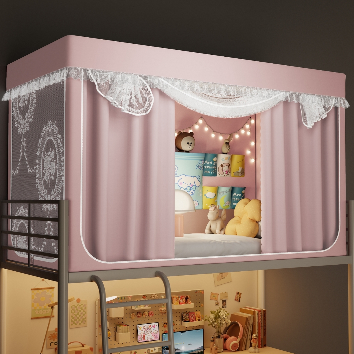 91家纺网 家纺一手货源 找家纺 都市缘蚊帐 2025新款公主风蚊帐学生宿舍一体式床帘全罩式强遮光布上下铺80 90cm 606-桃粉-薇尔