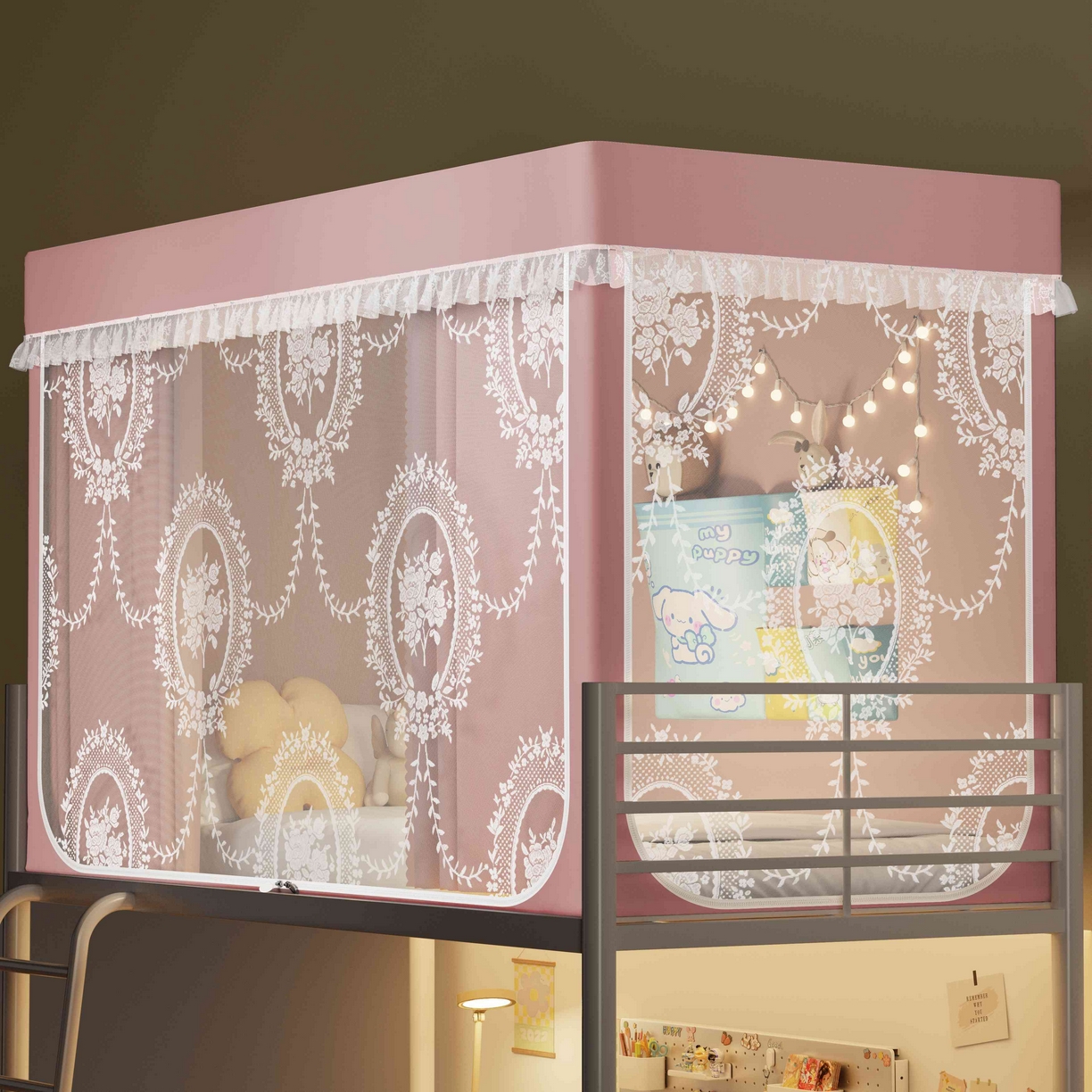 91家纺网 家纺一手货源 找家纺 都市缘蚊帐 2025新款公主风蚊帐学生宿舍一体式床帘全罩式强遮光布上下铺80 90cm 606-桃粉-薇尔