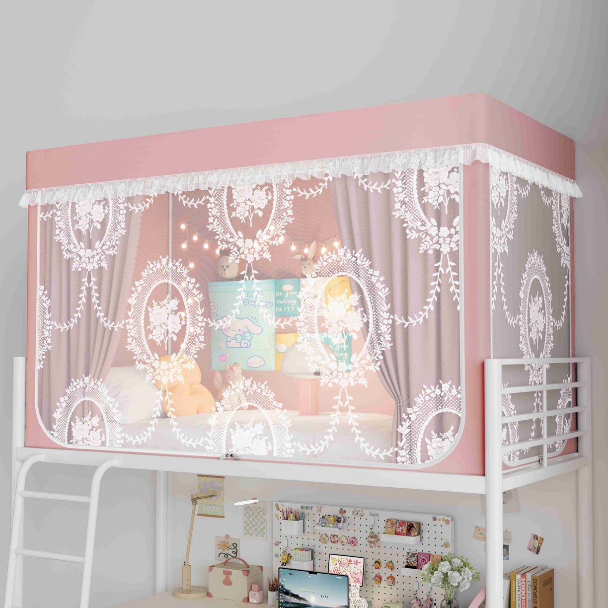 91家纺网 家纺一手货源 找家纺 都市缘蚊帐 2025新款公主风蚊帐学生宿舍一体式床帘全罩式强遮光布上下铺80 90cm 606-桃粉-薇尔