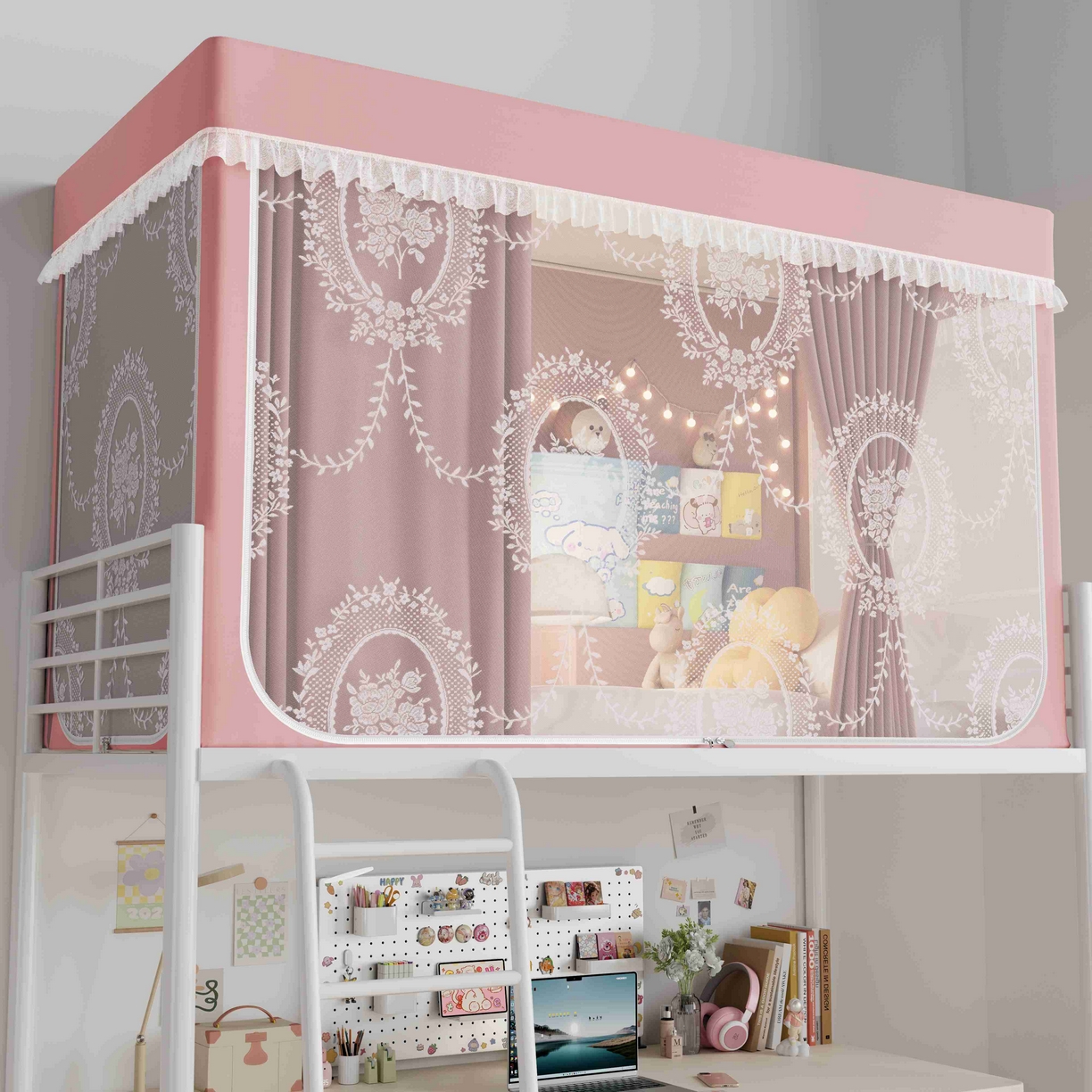 91家纺网 家纺一手货源 找家纺 都市缘蚊帐 2025新款公主风蚊帐学生宿舍一体式床帘全罩式强遮光布上下铺80 90cm 606-桃粉-薇尔