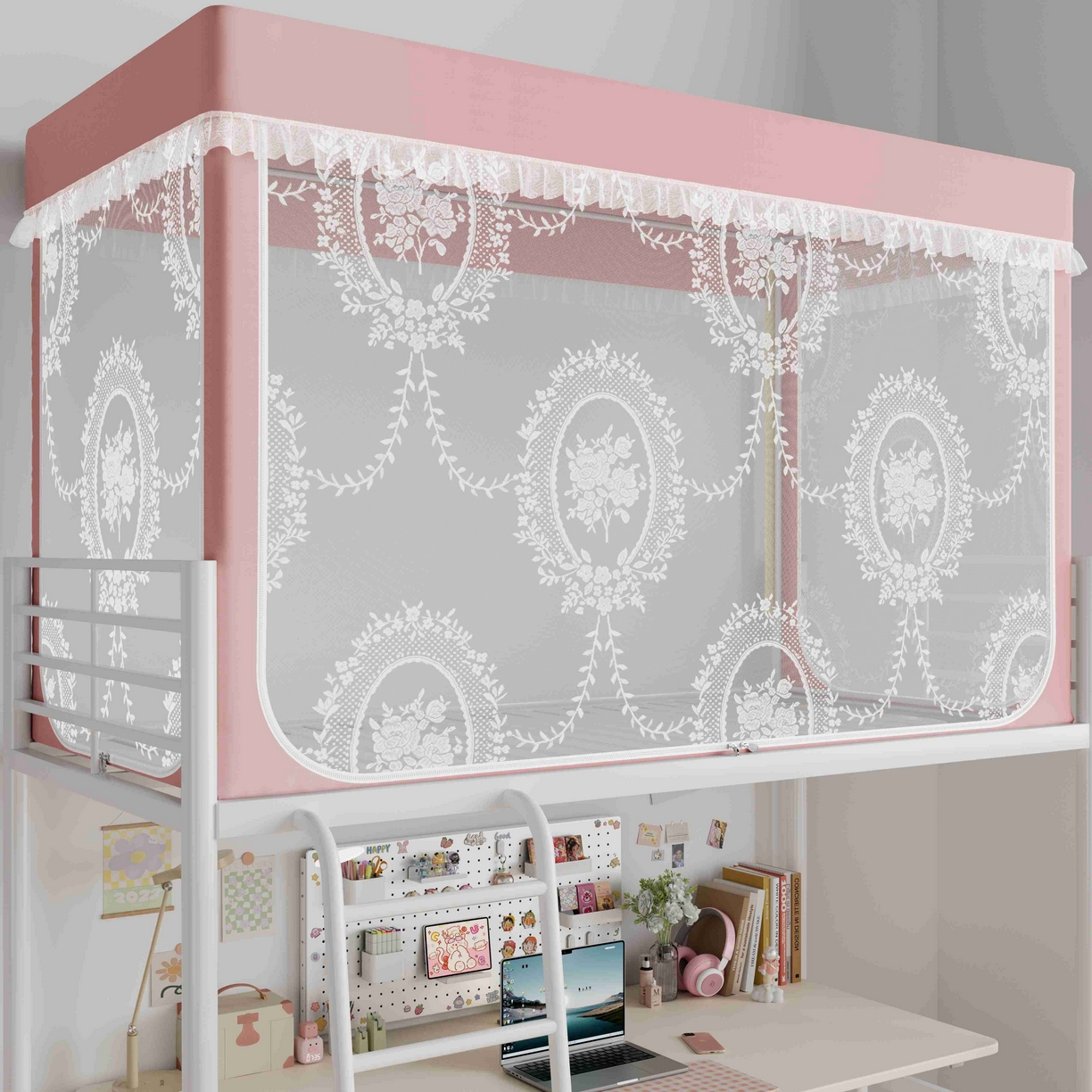 91家纺网 家纺一手货源 找家纺 都市缘蚊帐 2025新款公主风蚊帐学生宿舍一体式床帘全罩式强遮光布上下铺80 90cm 606-桃粉-薇尔