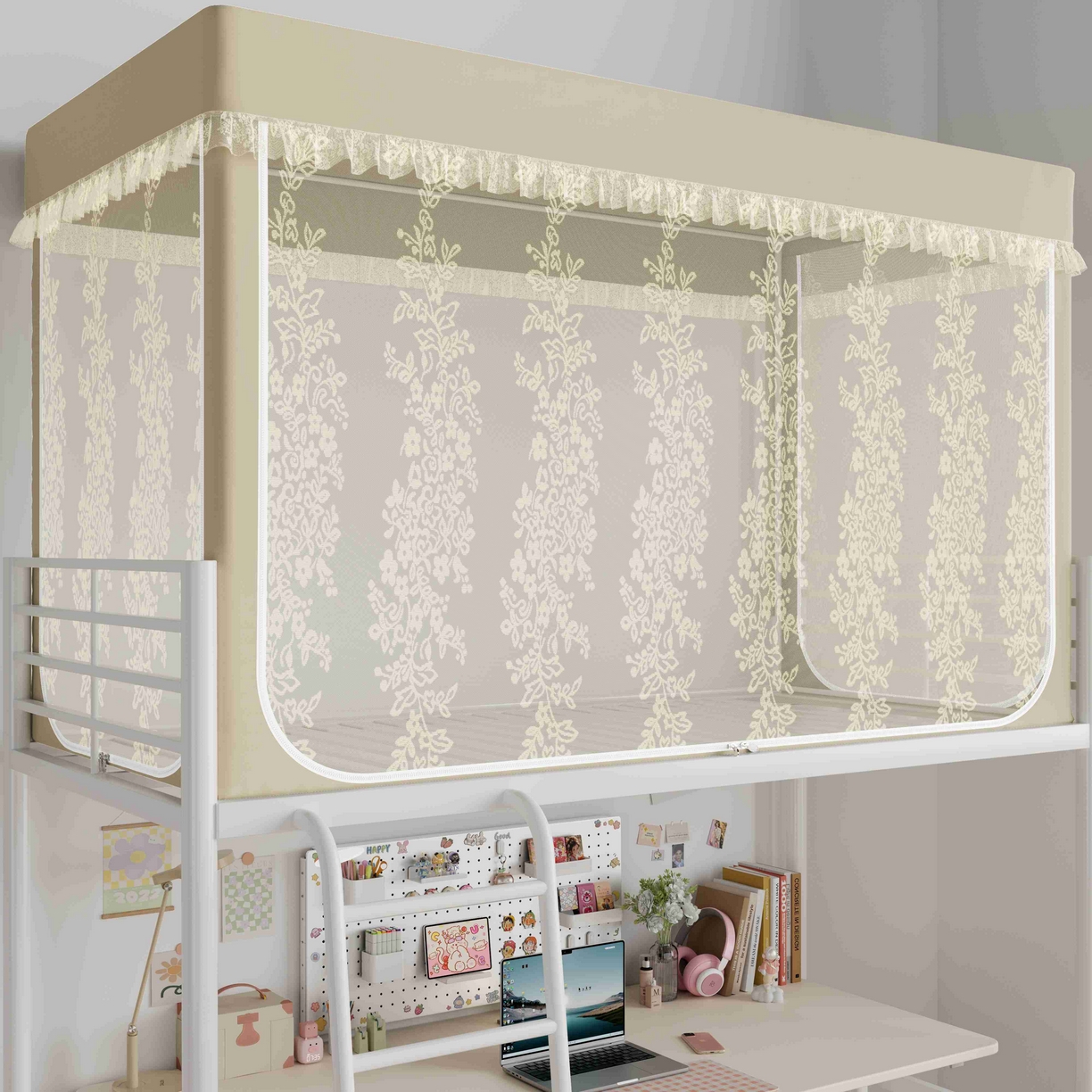 91家纺网 家纺一手货源 找家纺 都市缘蚊帐 2025新款公主风蚊帐学生宿舍一体式床帘全罩式强遮光布上下铺80 90cm 606-香槟-玫瑰