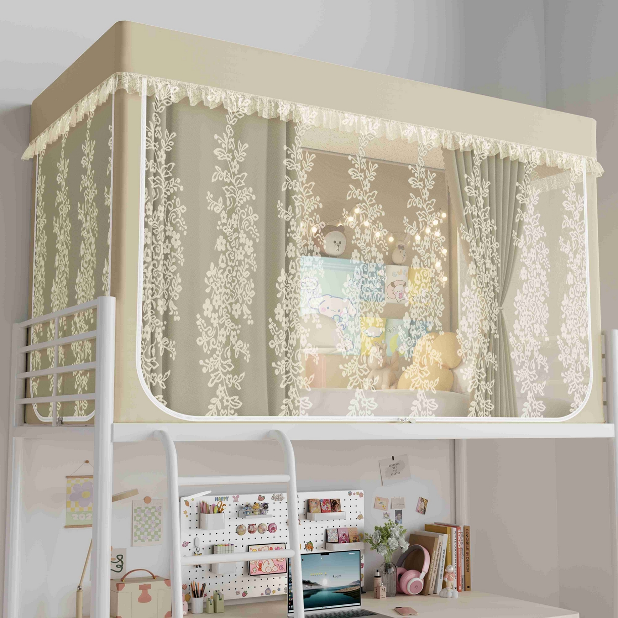 91家纺网 家纺一手货源 找家纺 都市缘蚊帐 2025新款公主风蚊帐学生宿舍一体式床帘全罩式强遮光布上下铺80 90cm 606-香槟-玫瑰