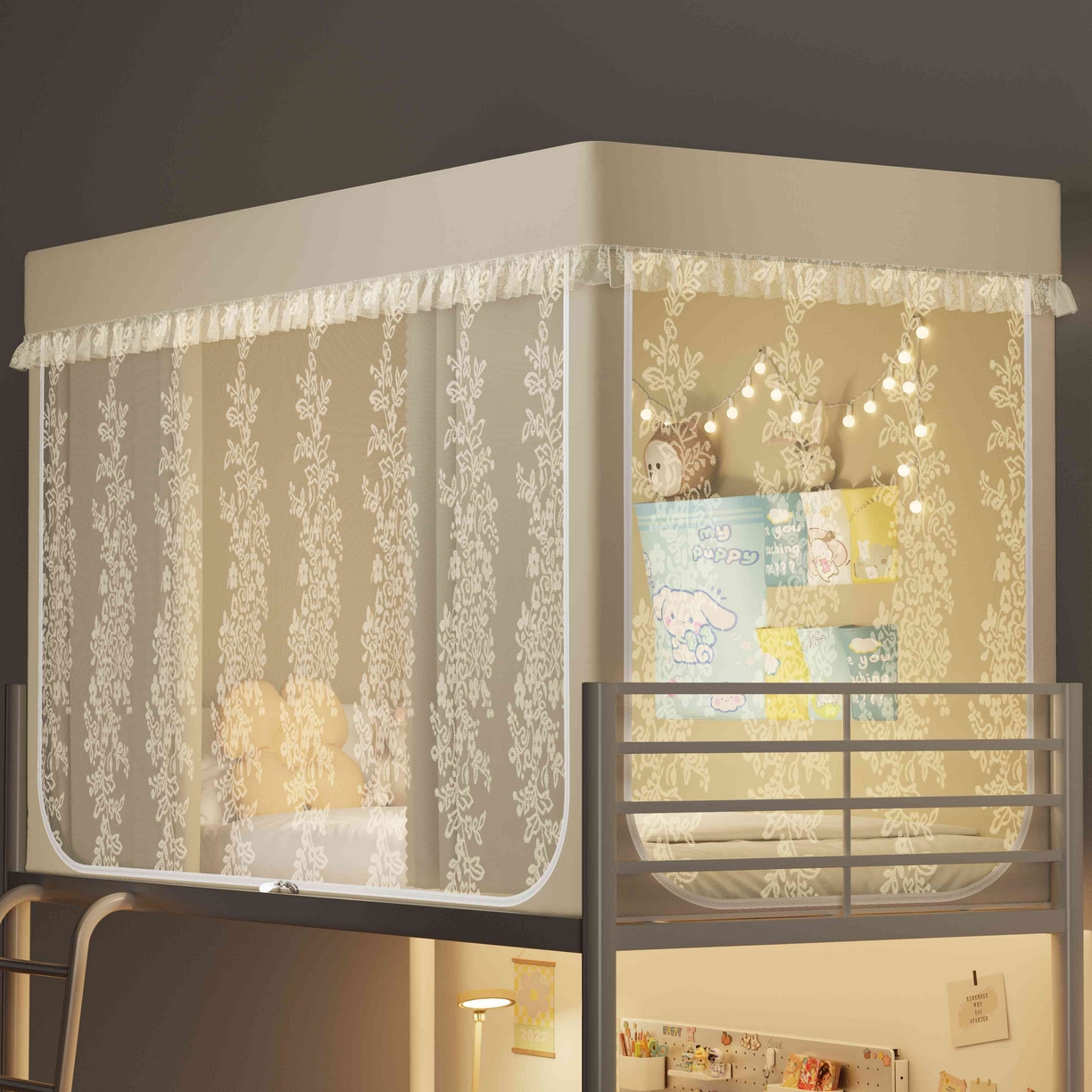 91家纺网 家纺一手货源 找家纺 都市缘蚊帐 2025新款公主风蚊帐学生宿舍一体式床帘全罩式强遮光布上下铺80 90cm 606-香槟-玫瑰