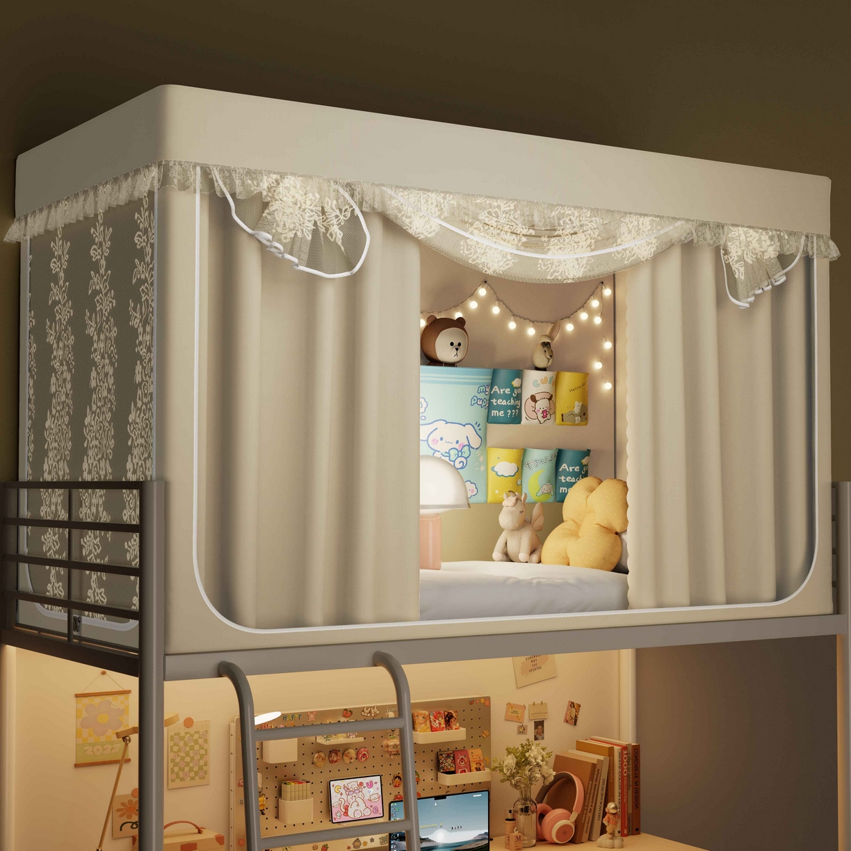 91家纺网 家纺一手货源 找家纺 都市缘蚊帐 2025新款公主风蚊帐学生宿舍一体式床帘全罩式强遮光布上下铺80 90cm 606-香槟-玫瑰