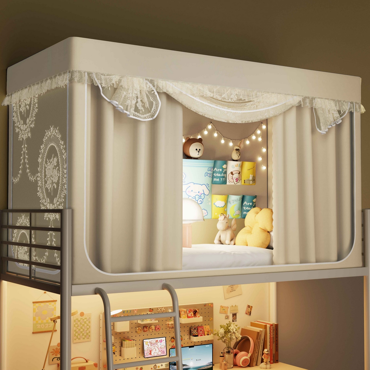 91家纺网 家纺一手货源 找家纺 都市缘蚊帐 2025新款公主风蚊帐学生宿舍一体式床帘全罩式强遮光布上下铺80 90cm 606-香槟-薇尔