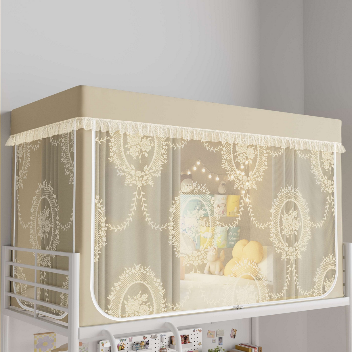 91家纺网 家纺一手货源 找家纺 都市缘蚊帐 2025新款公主风蚊帐学生宿舍一体式床帘全罩式强遮光布上下铺80 90cm 606-香槟-薇尔